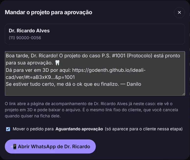 Mensagem pronta para mandar o projeto ao cliente