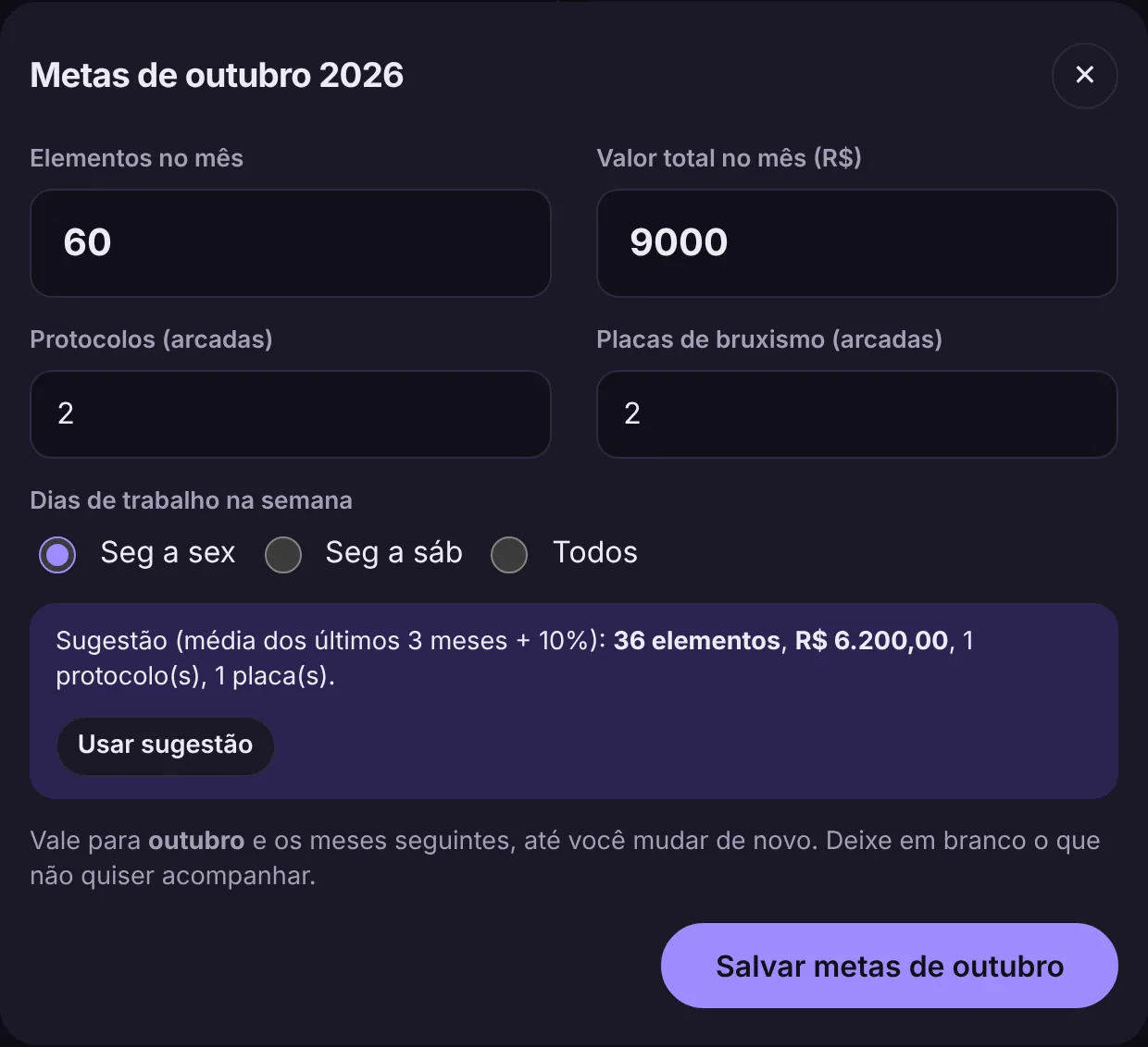 Definir metas em segundos