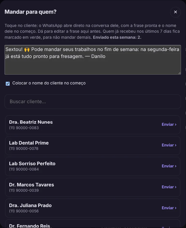 Lista de clientes para mandar a frase no WhatsApp